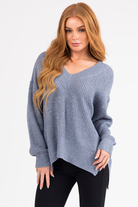 Steel Blue V Neck High Low Sweater