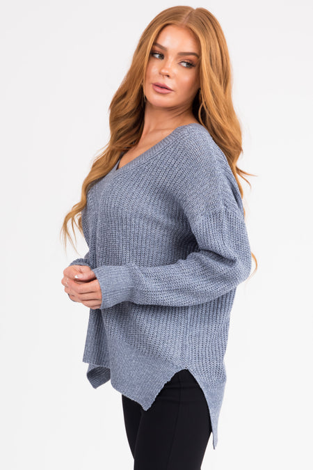 Steel Blue V Neck High Low Sweater