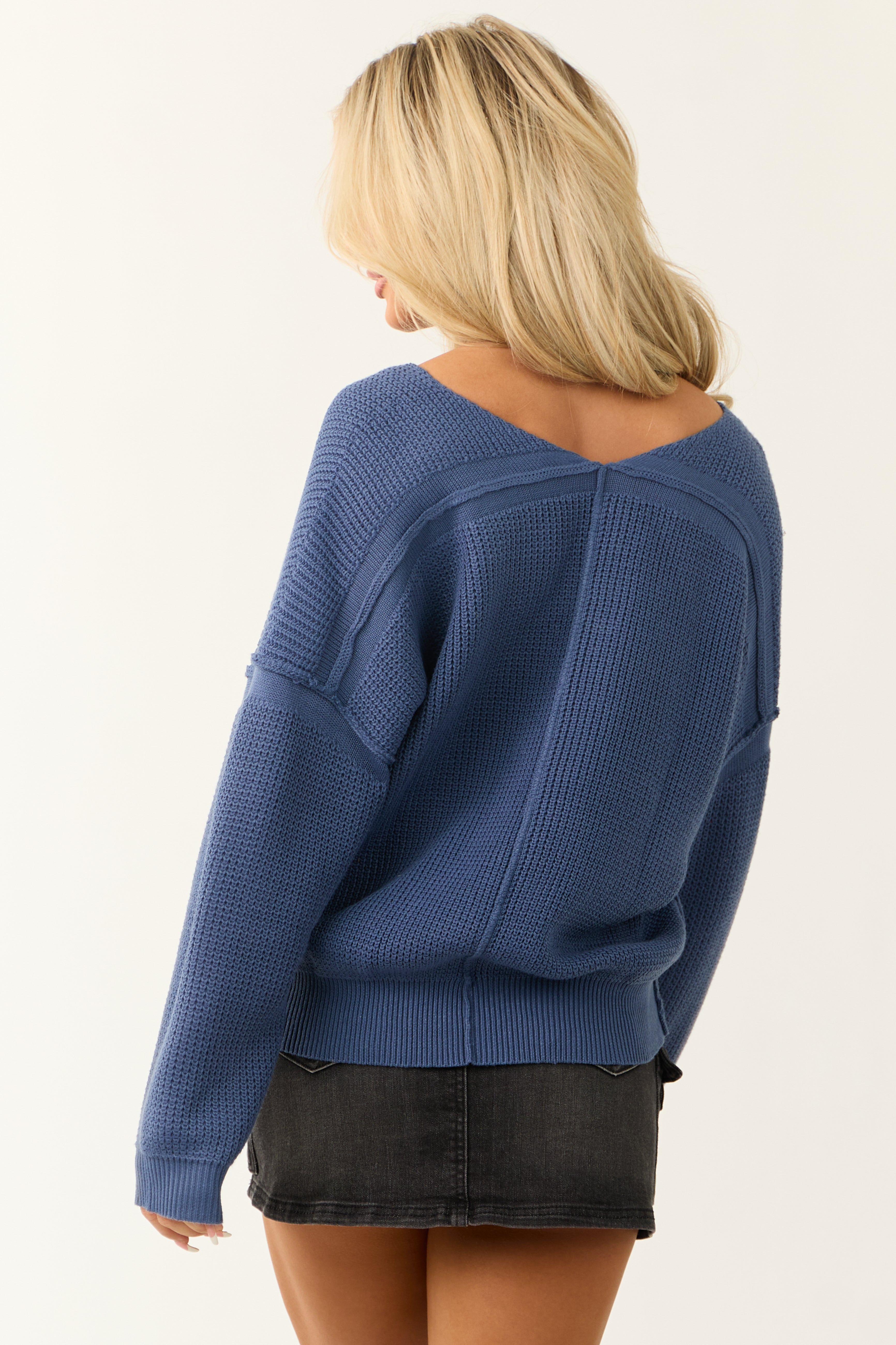 Steel Blue V Neck Long Sleeve Knit Sweater