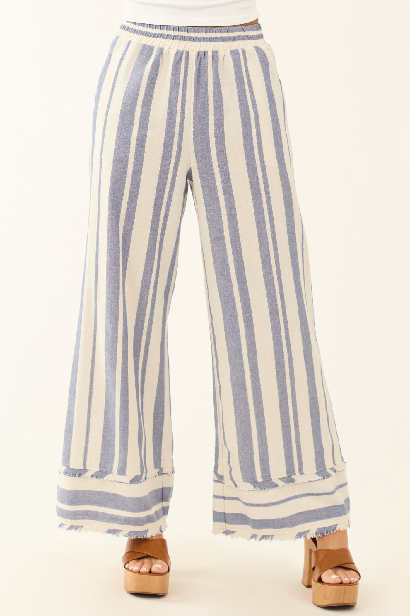 Steel Blue and Almond Striped Wide Leg Pants