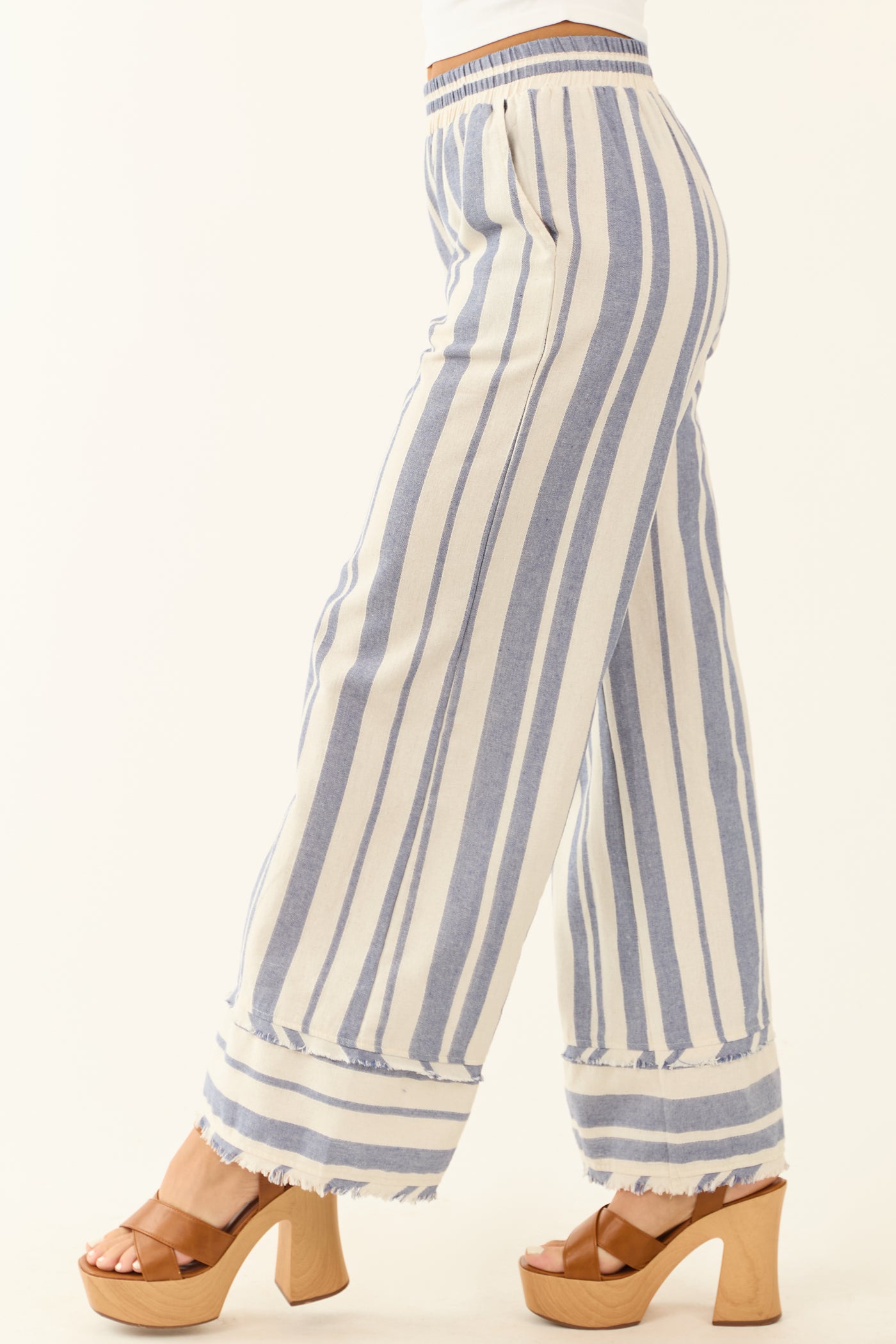 Steel Blue and Almond Striped Wide Leg Pants