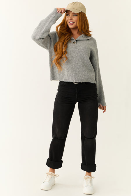 Steel Mock Neck Half Button Up Knit Sweater