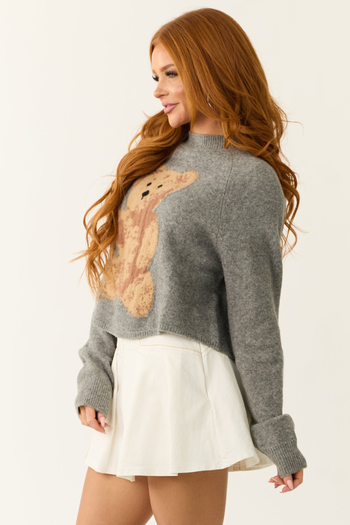 Steel Teddy Bear Graphic Semi Cropped Wool Sweater