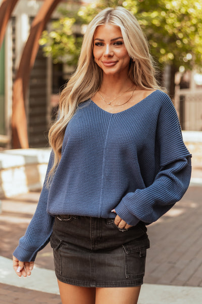 Steel Blue V Neck Long Sleeve Knit Sweater