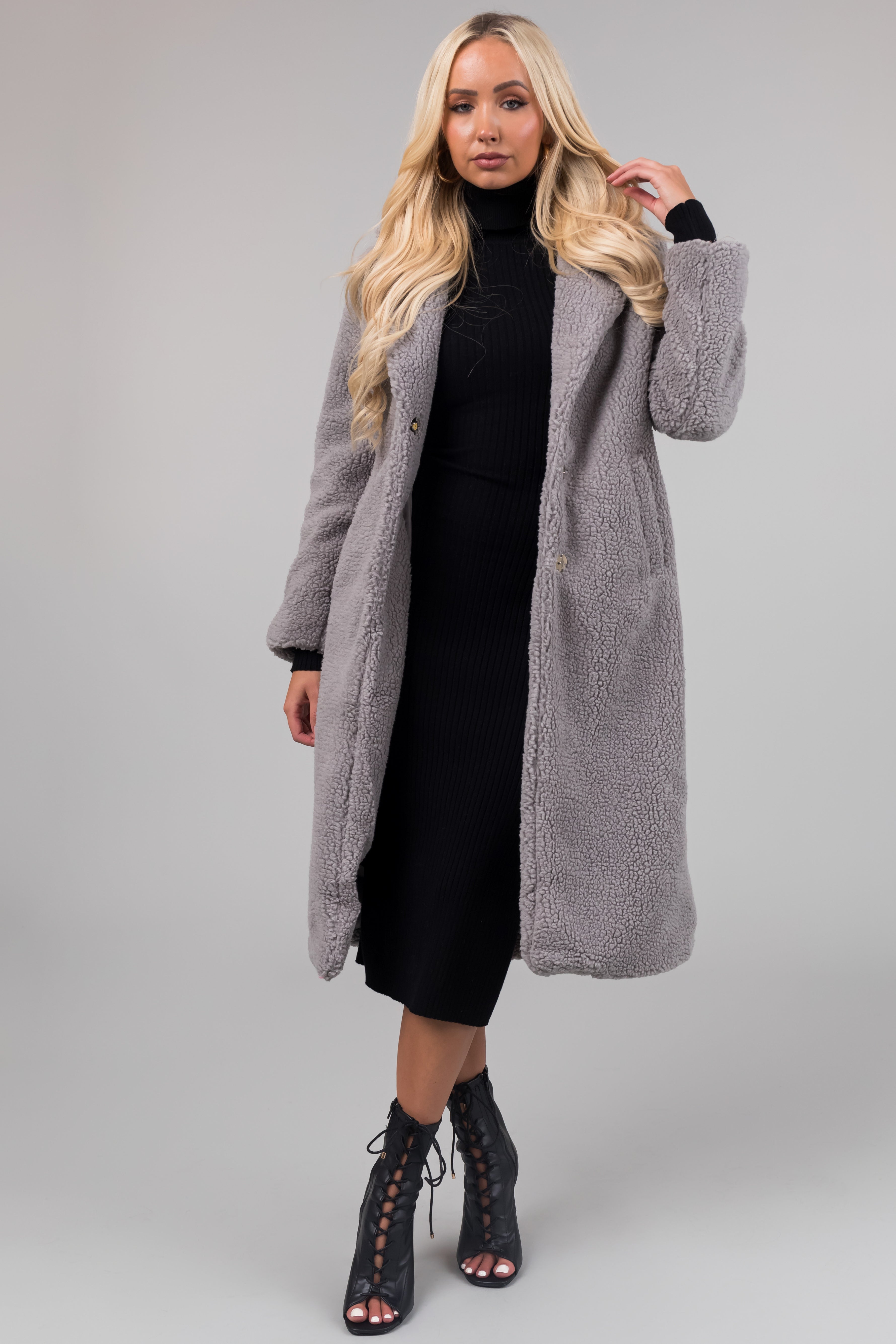 Grey teddy discount coat with hood