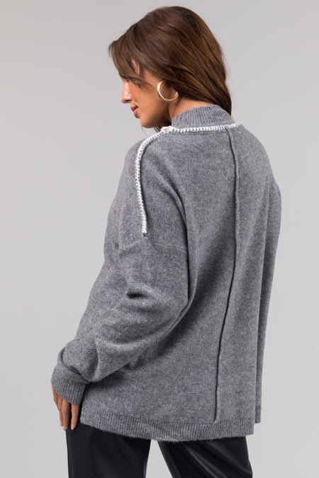 Stone Grey Mock Neck Stitching Detail Sweater