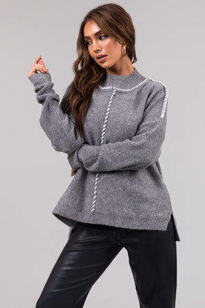 Stone Grey Mock Neck Stitching Detail Sweater