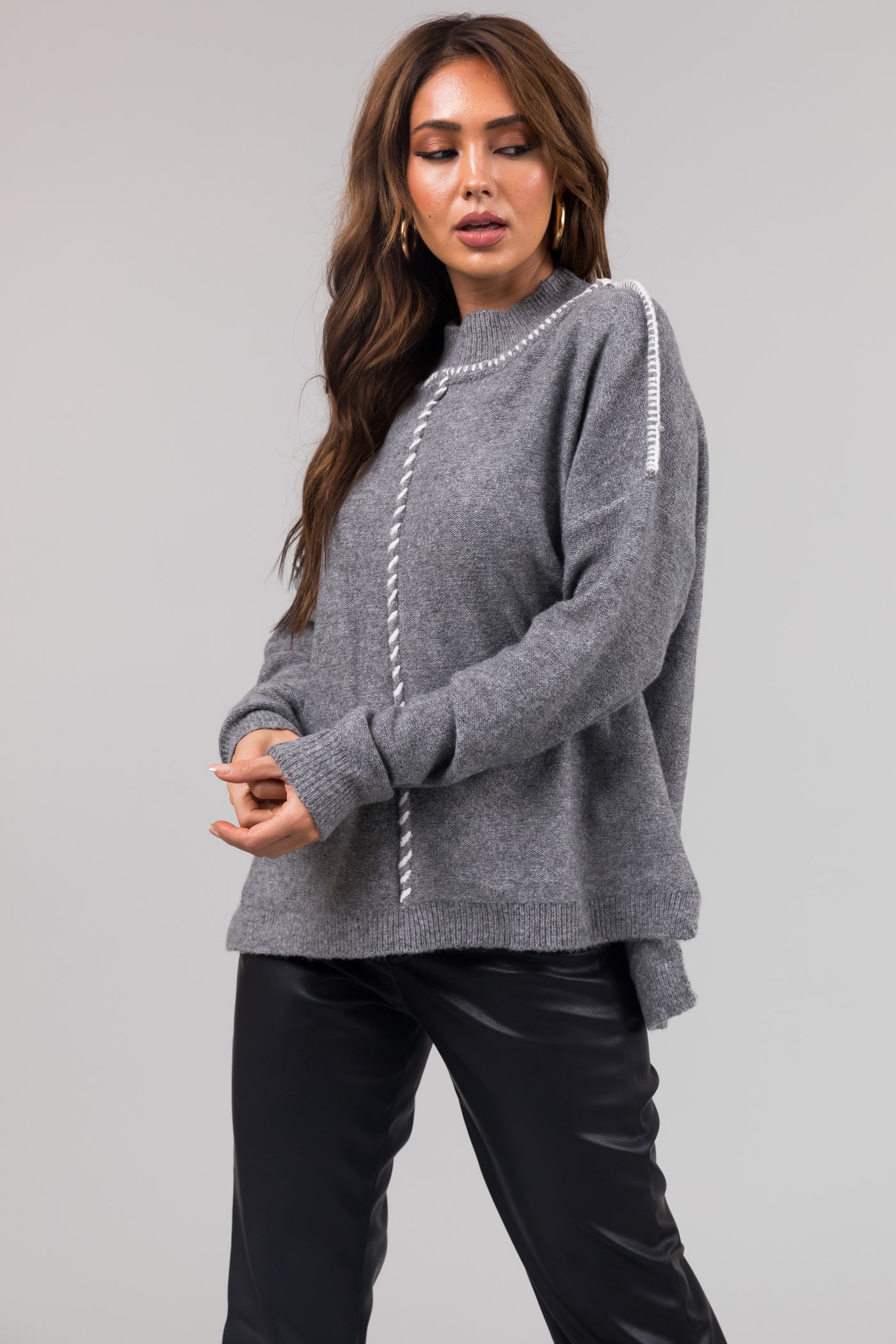 Stone Grey Mock Neck Stitching Detail Sweater