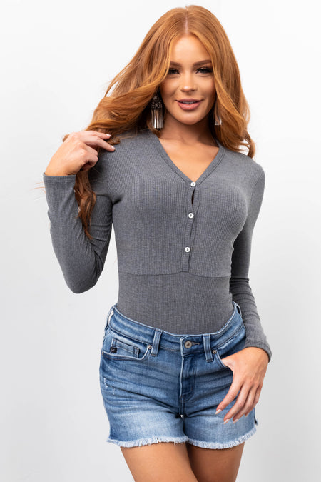 Stone Ribbed Knit Button Down Bodysuit