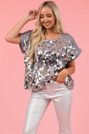 Stone Silver Sequin Short Sleeve Top