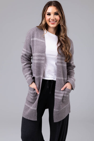 Stone Striped Open Front Knit Cardigan