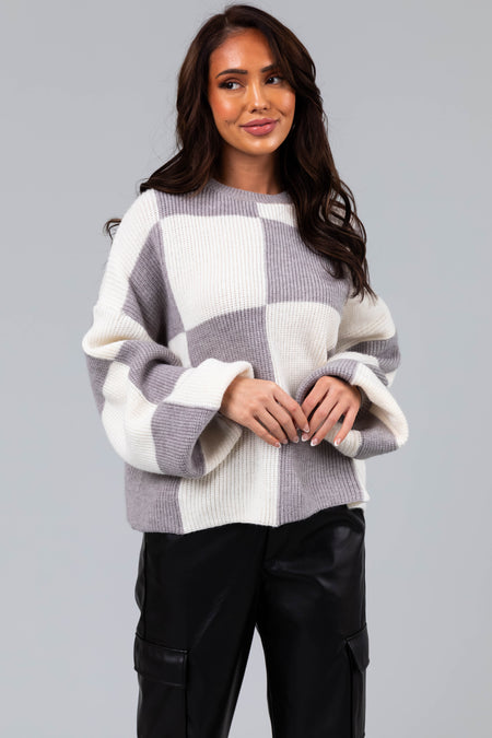 Stone and Cream Checkered Oversized Sweater