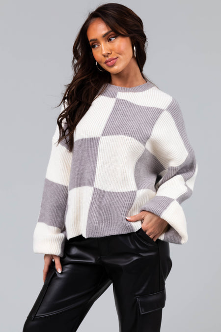 Stone and Cream Checkered Oversized Sweater