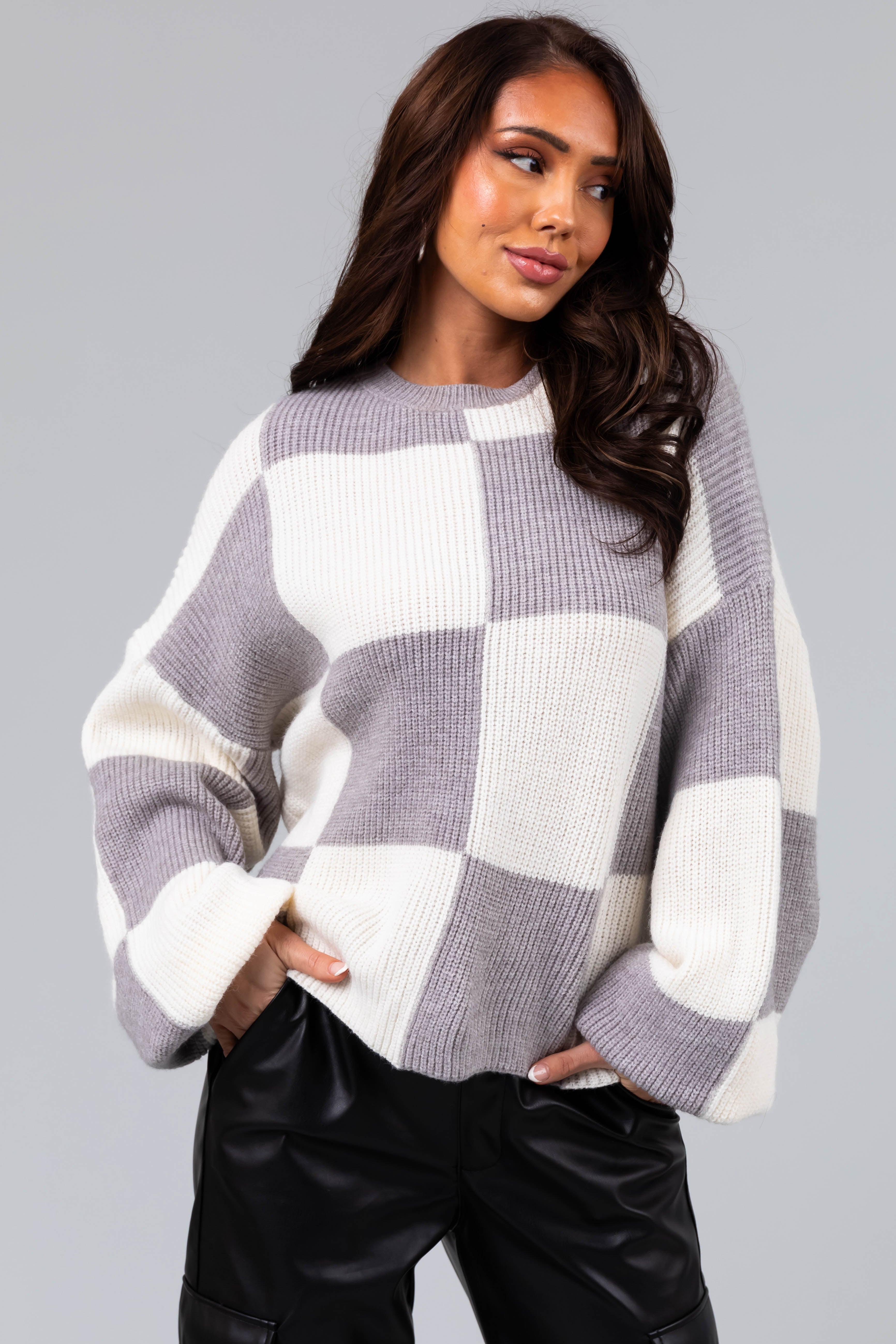 Stone and Cream Checkered Oversized Sweater | Lime Lush