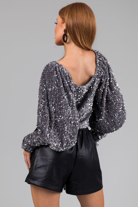 Stormy Grey Velvet and Sequin Blouse