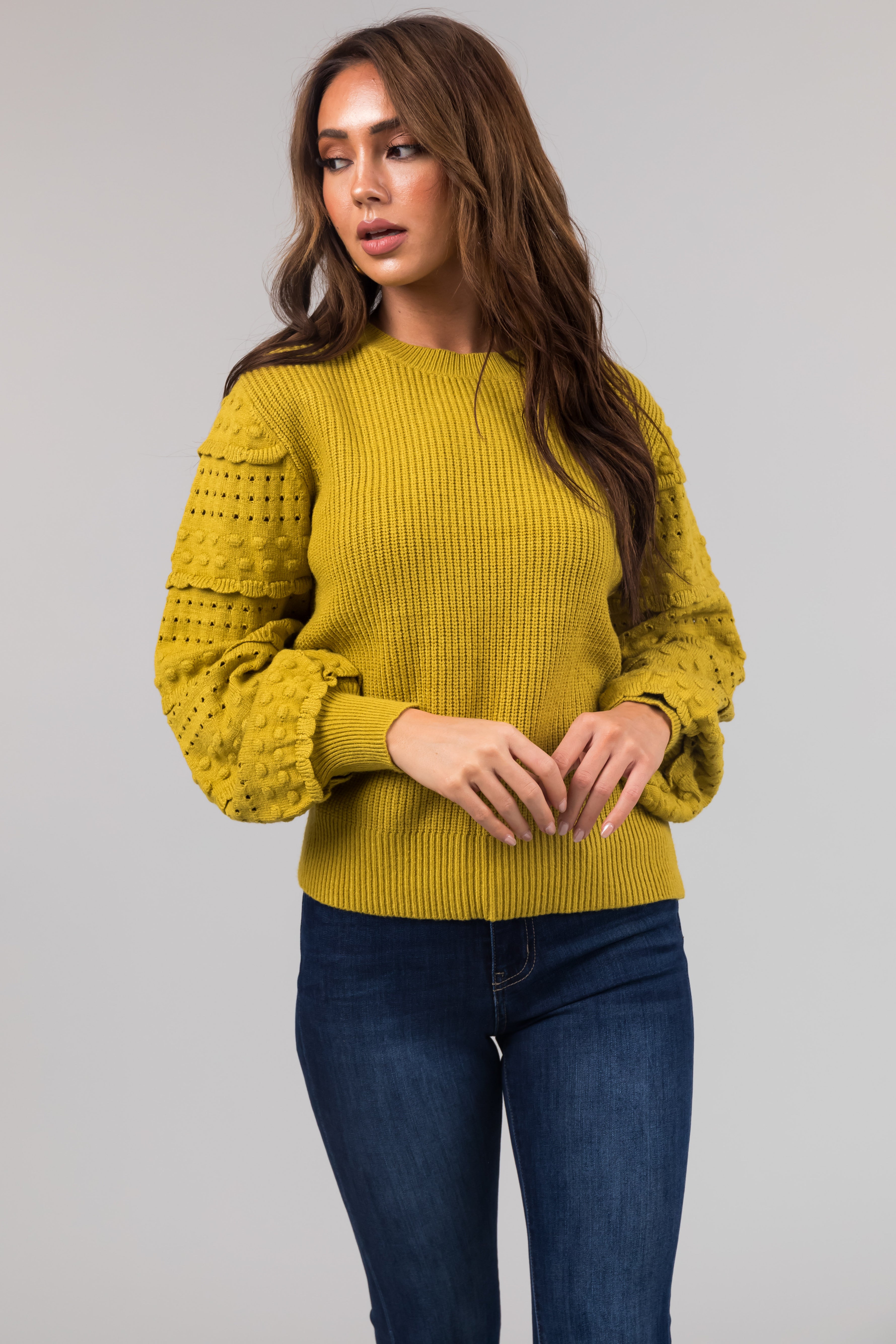 Straw Long Sleeve Pointelle Detail Sweater