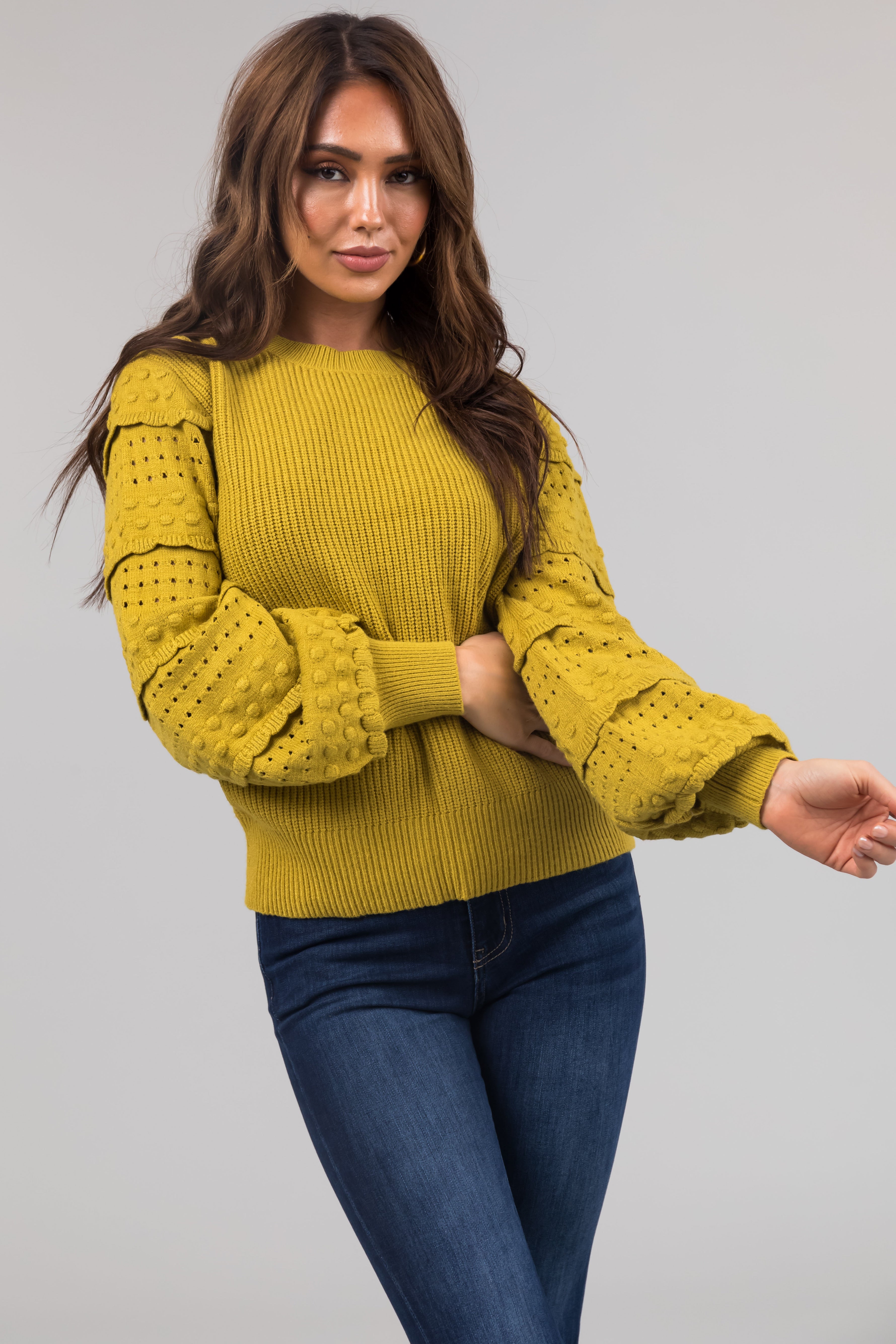 Straw Long Sleeve Pointelle Detail Sweater