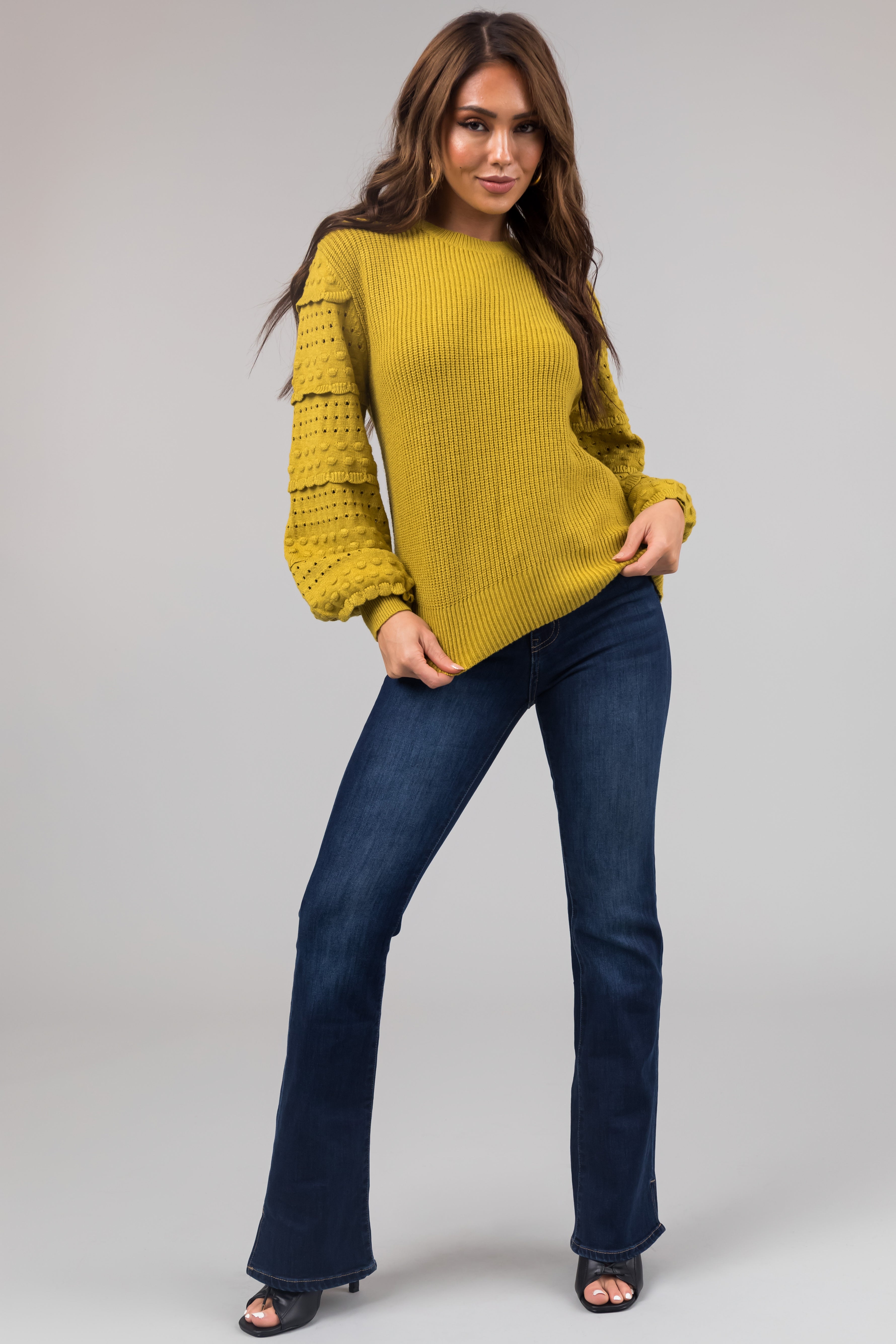 Straw Long Sleeve Pointelle Detail Sweater