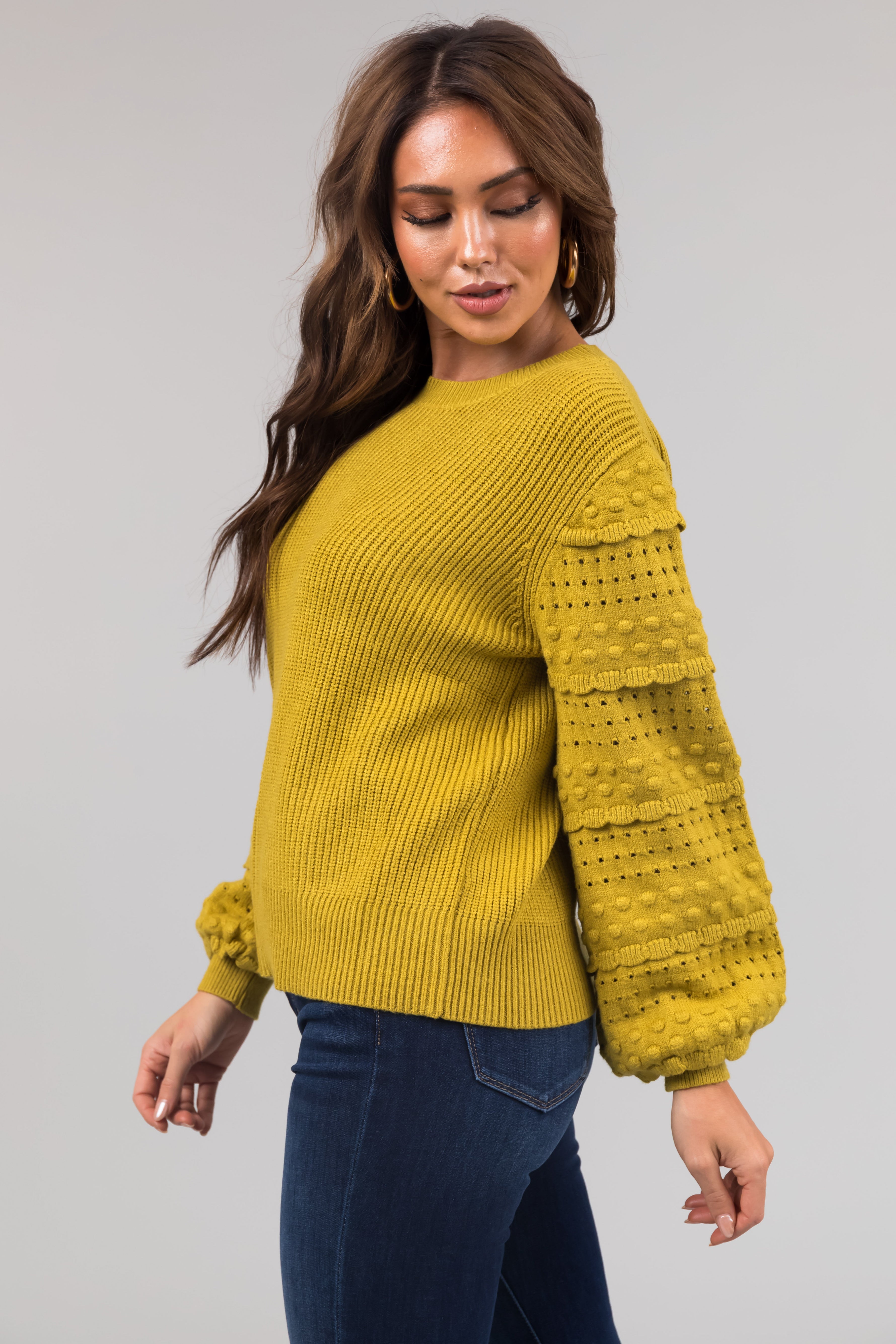 Straw Long Sleeve Pointelle Detail Sweater