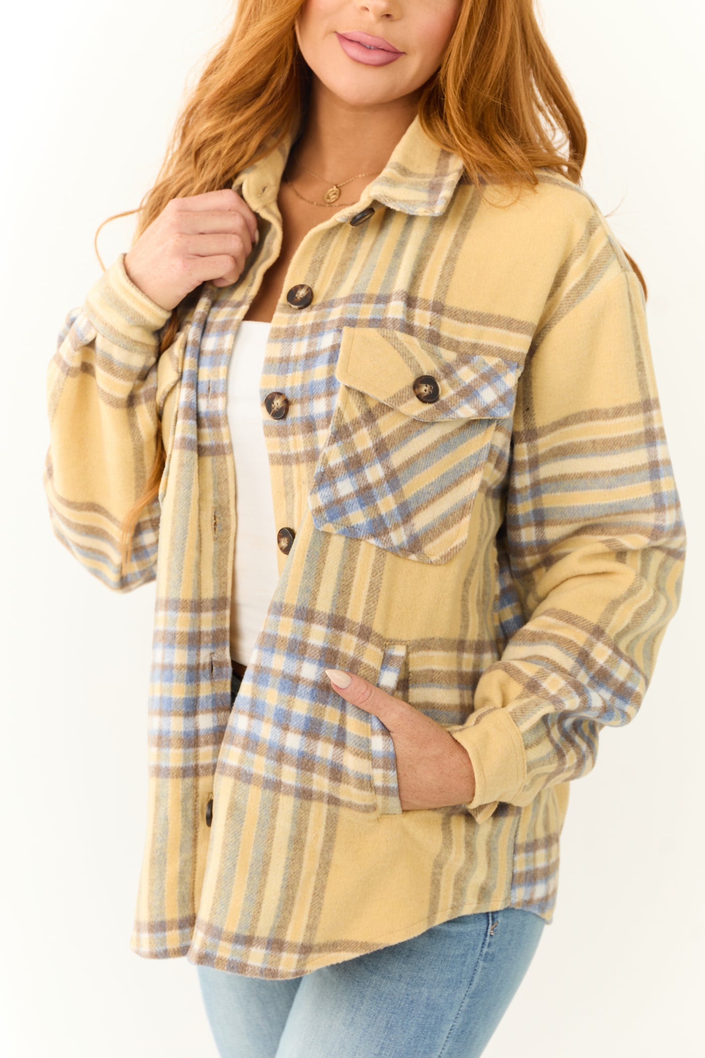 Straw Plaid Wool Blend Button Down Shacket