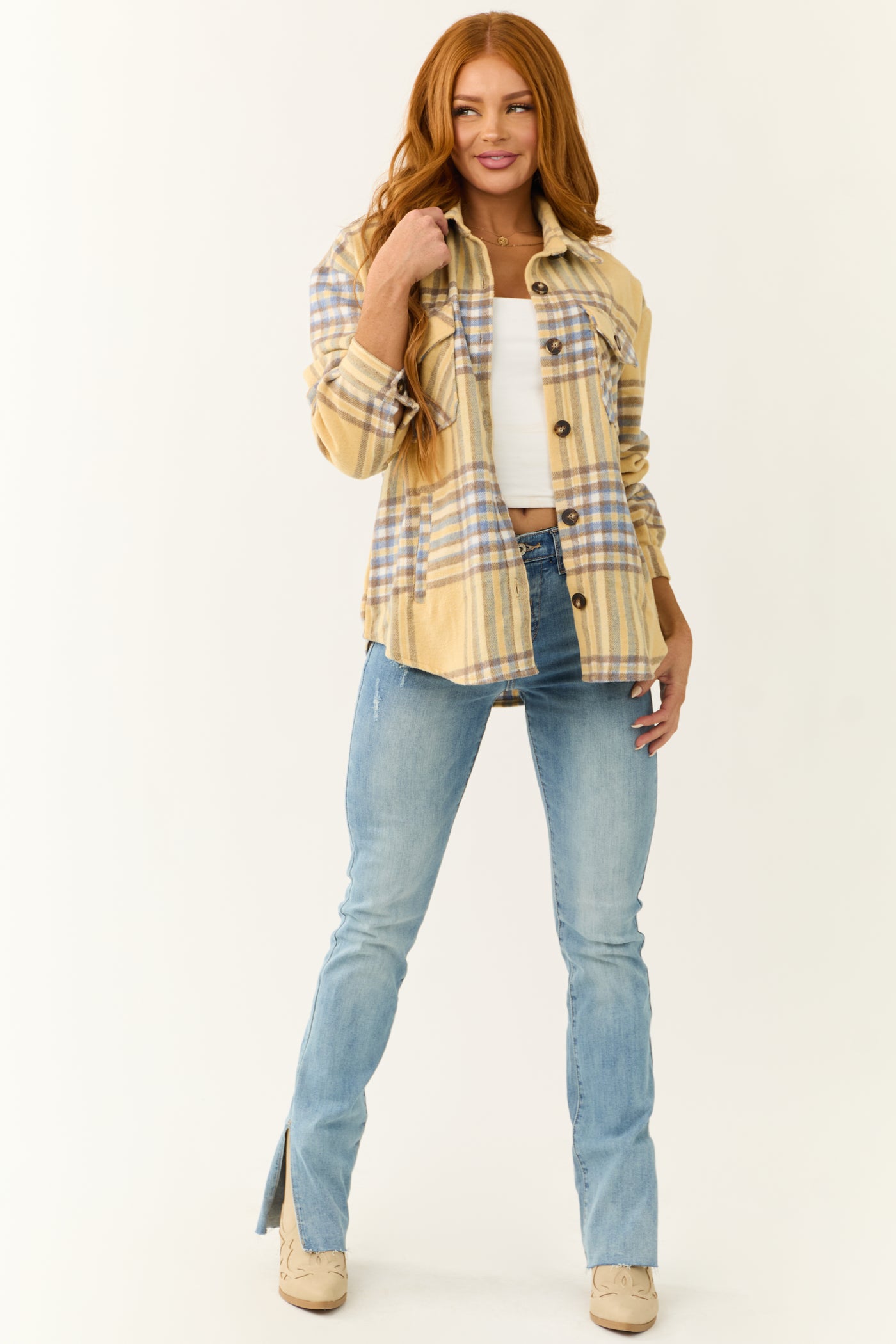 Straw Plaid Wool Blend Button Down Shacket