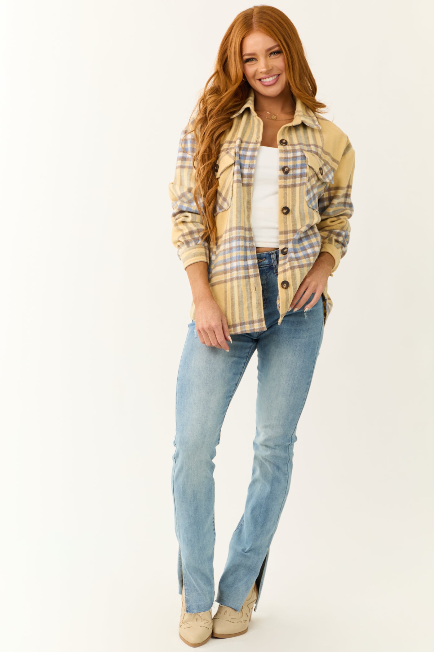 Straw Plaid Wool Blend Button Down Shacket