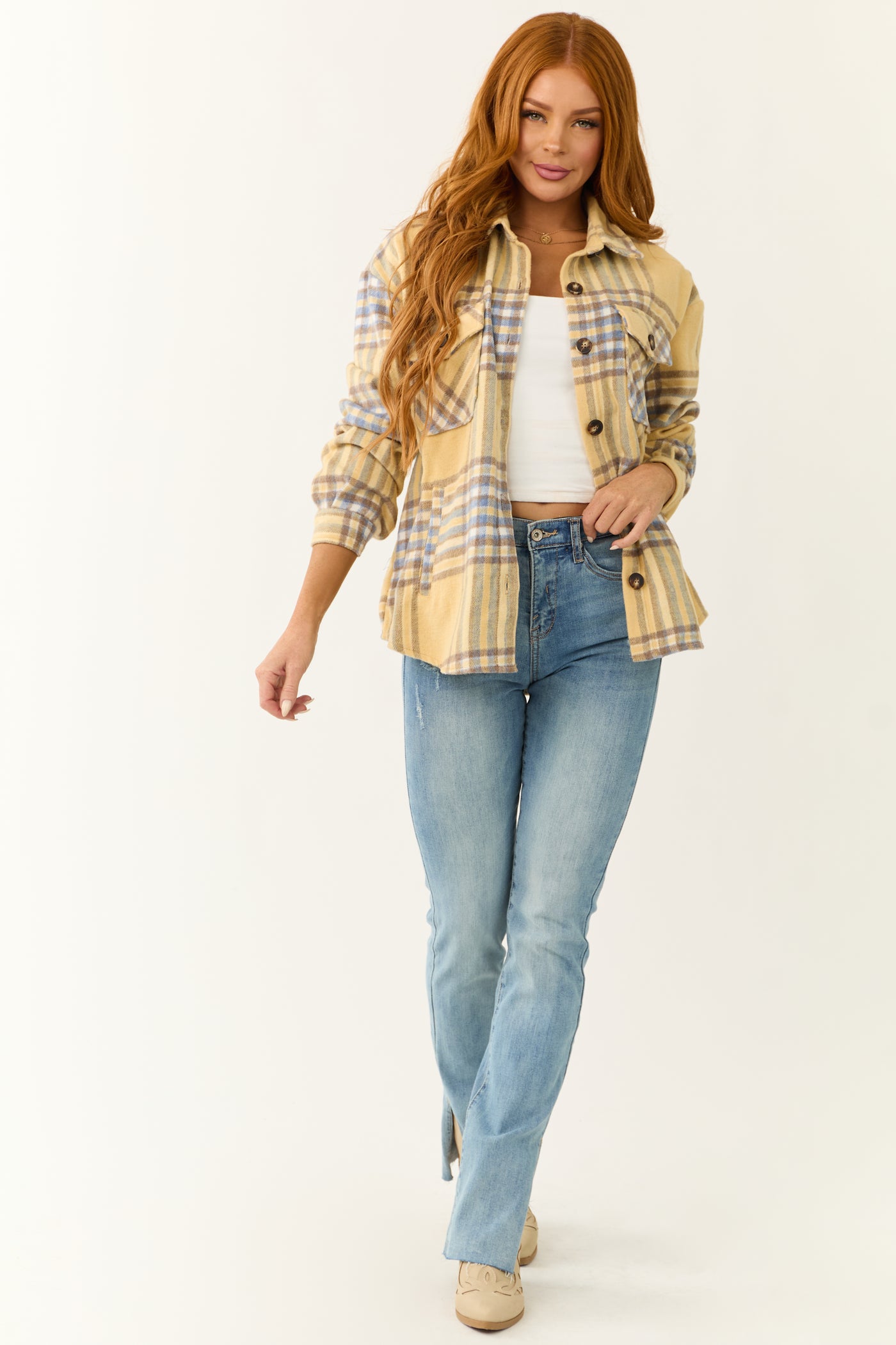 Straw Plaid Wool Blend Button Down Shacket