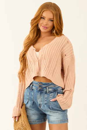 Sunrise Button Down Distressed Cropped Cardigan