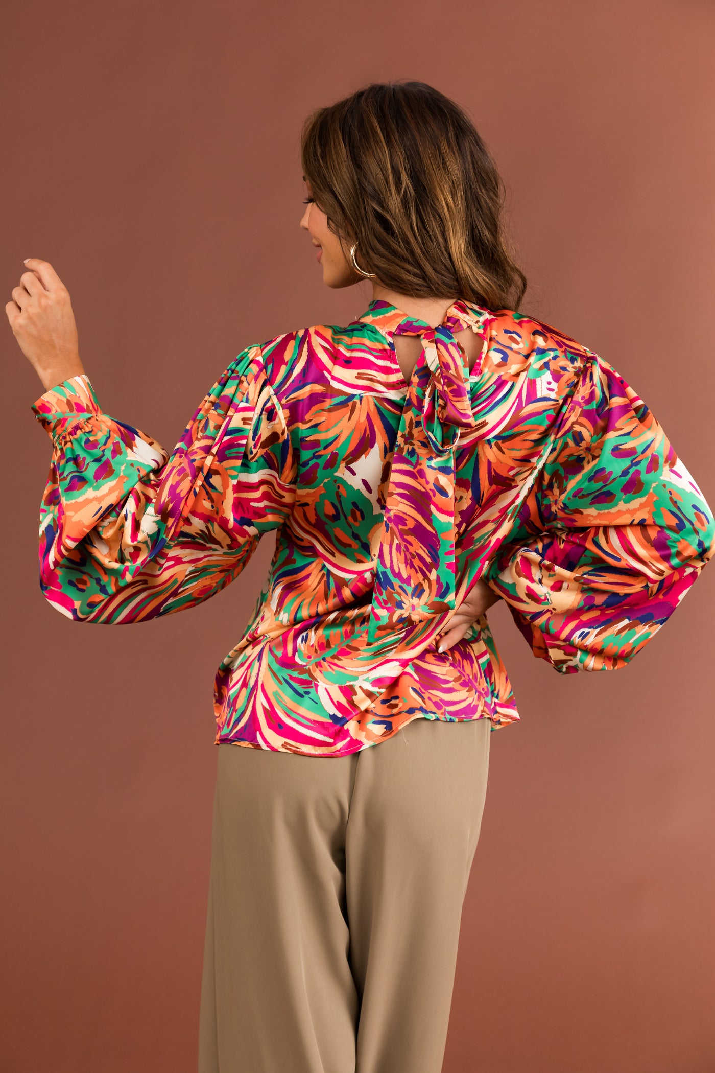 Sunset Abstract Print Long Sleeve Back Tie Top