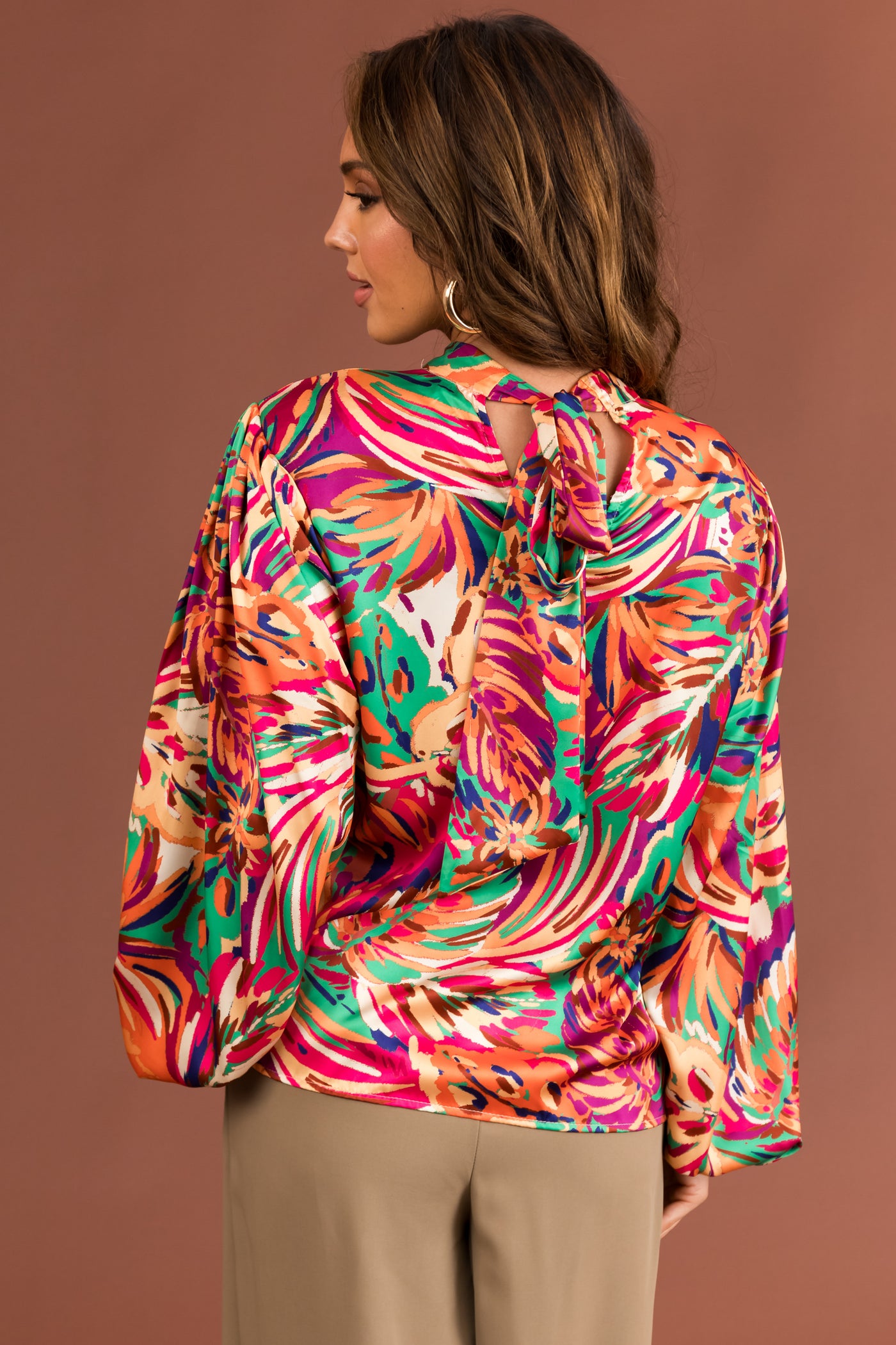 Sunset Abstract Print Long Sleeve Back Tie Top