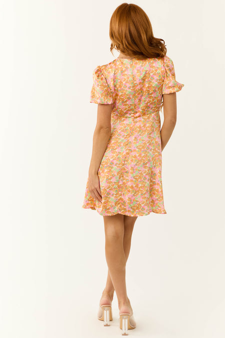 Sunset Flower Print Empire Waist Satin Short Dress