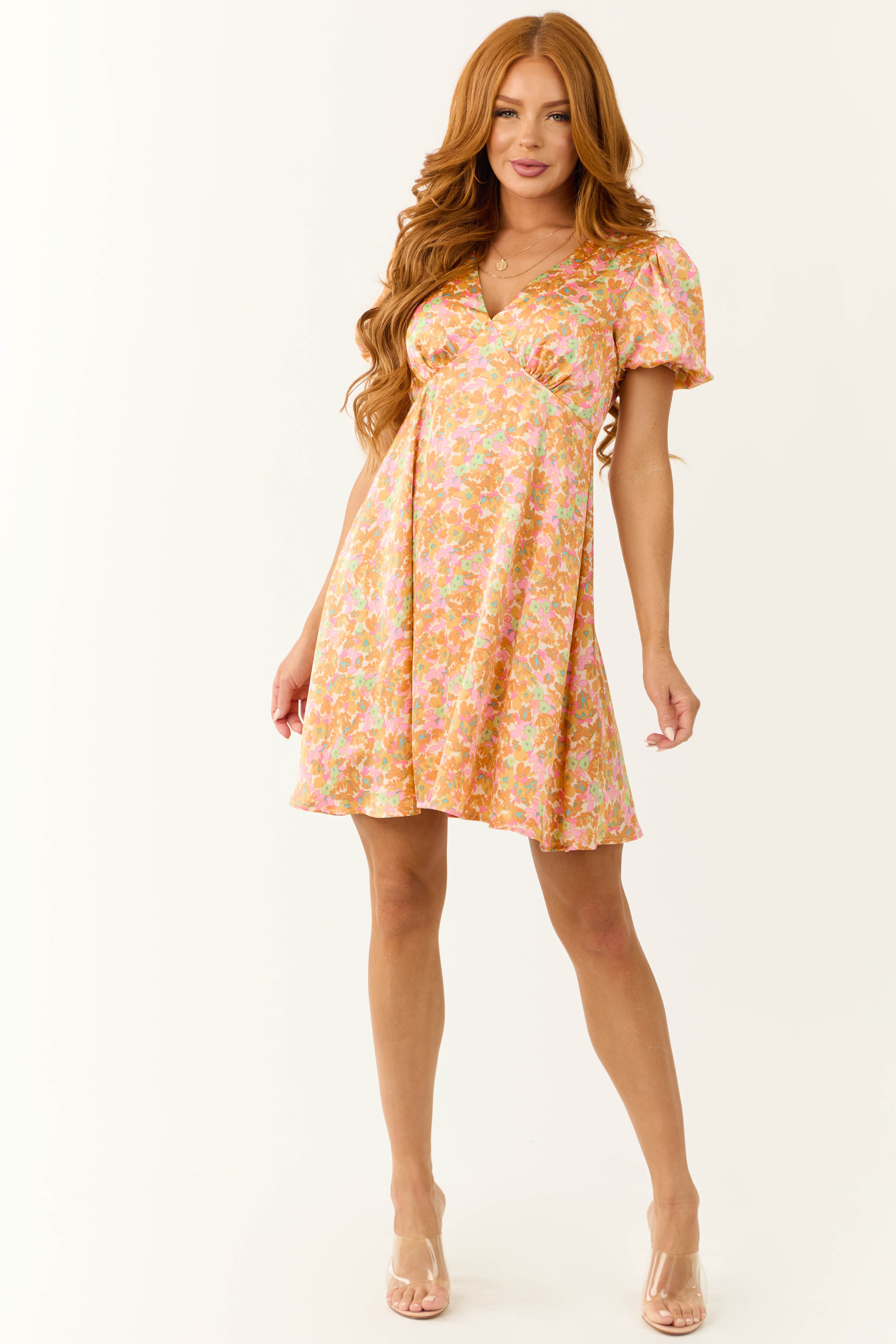 Sunset Flower Print Empire Waist Satin Short Dress