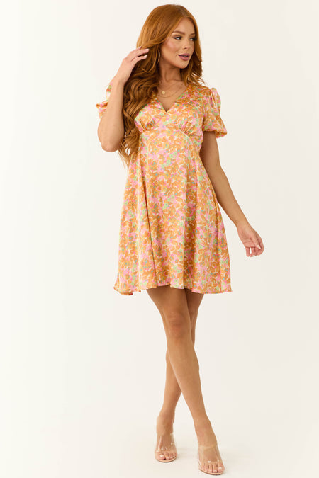 Sunset Flower Print Empire Waist Satin Short Dress