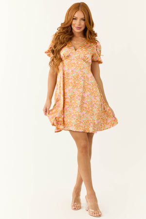 Sunset Flower Print Empire Waist Satin Short Dress