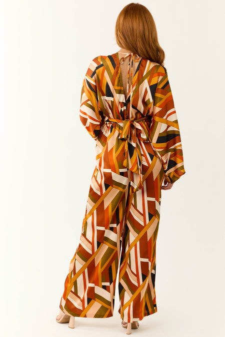 Sunset Geometric Stripe Print Waist Tie Jumpsuit