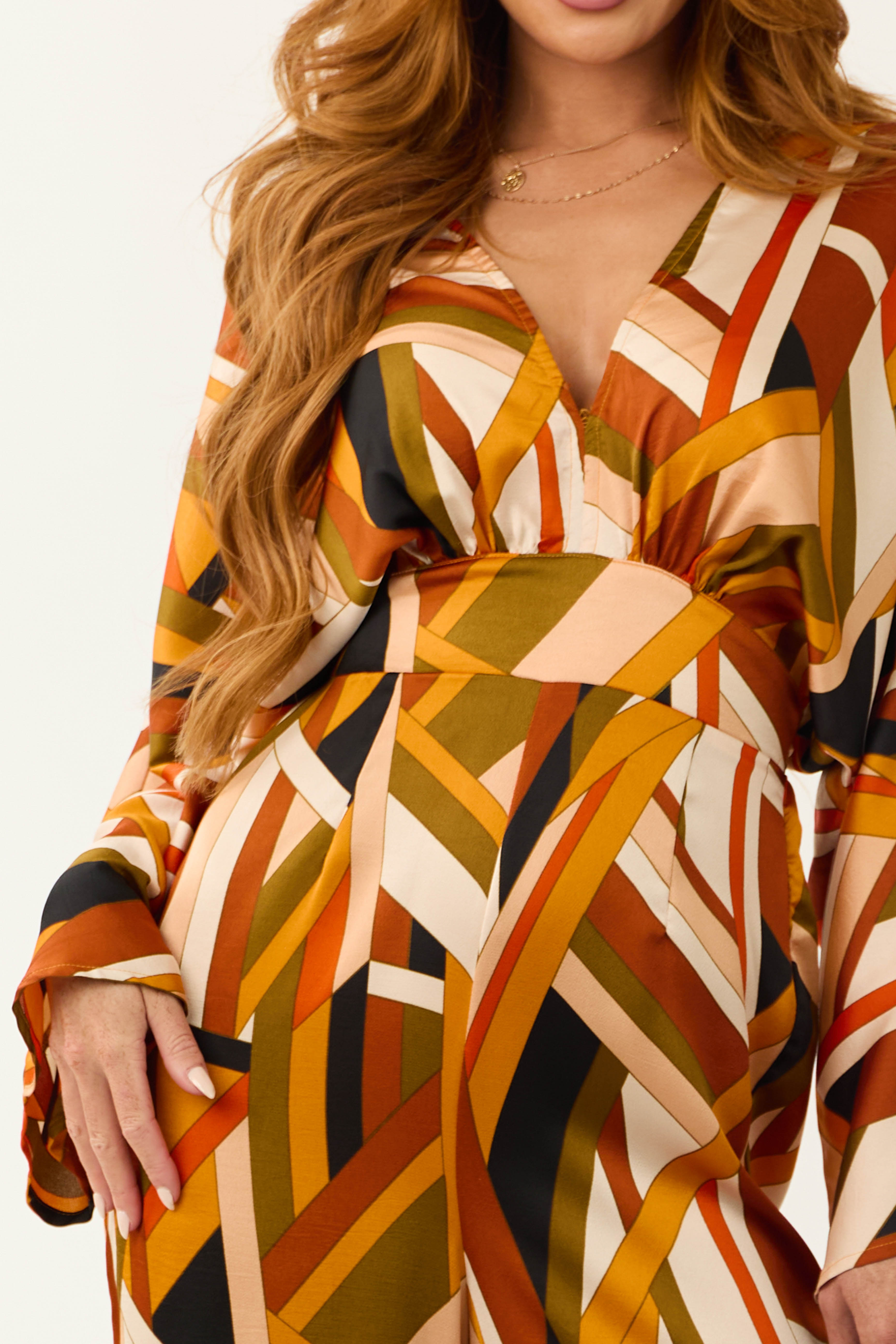 Sunset Geometric Stripe Print Waist Tie Jumpsuit