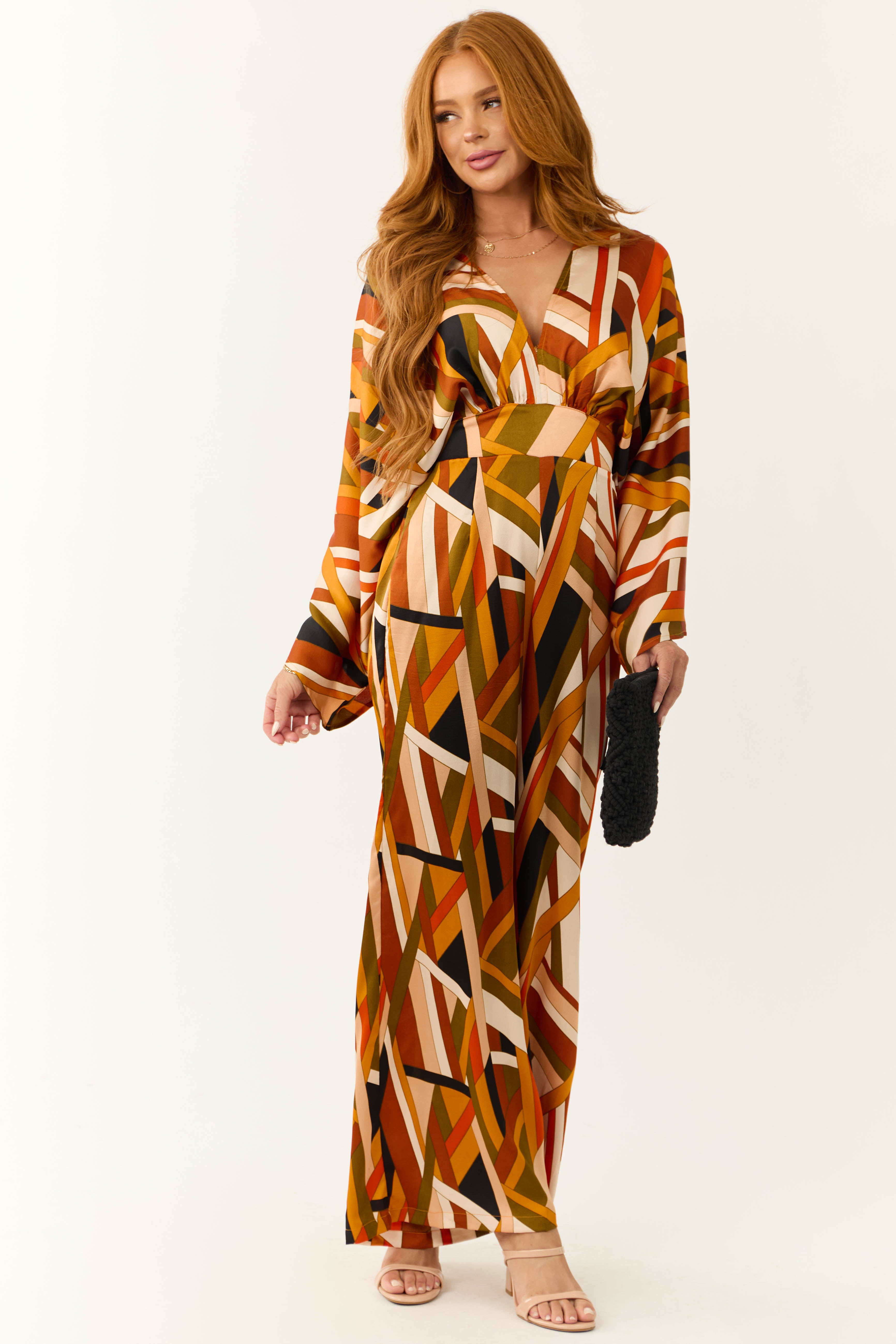 Sunset Geometric Stripe Print Waist Tie Jumpsuit