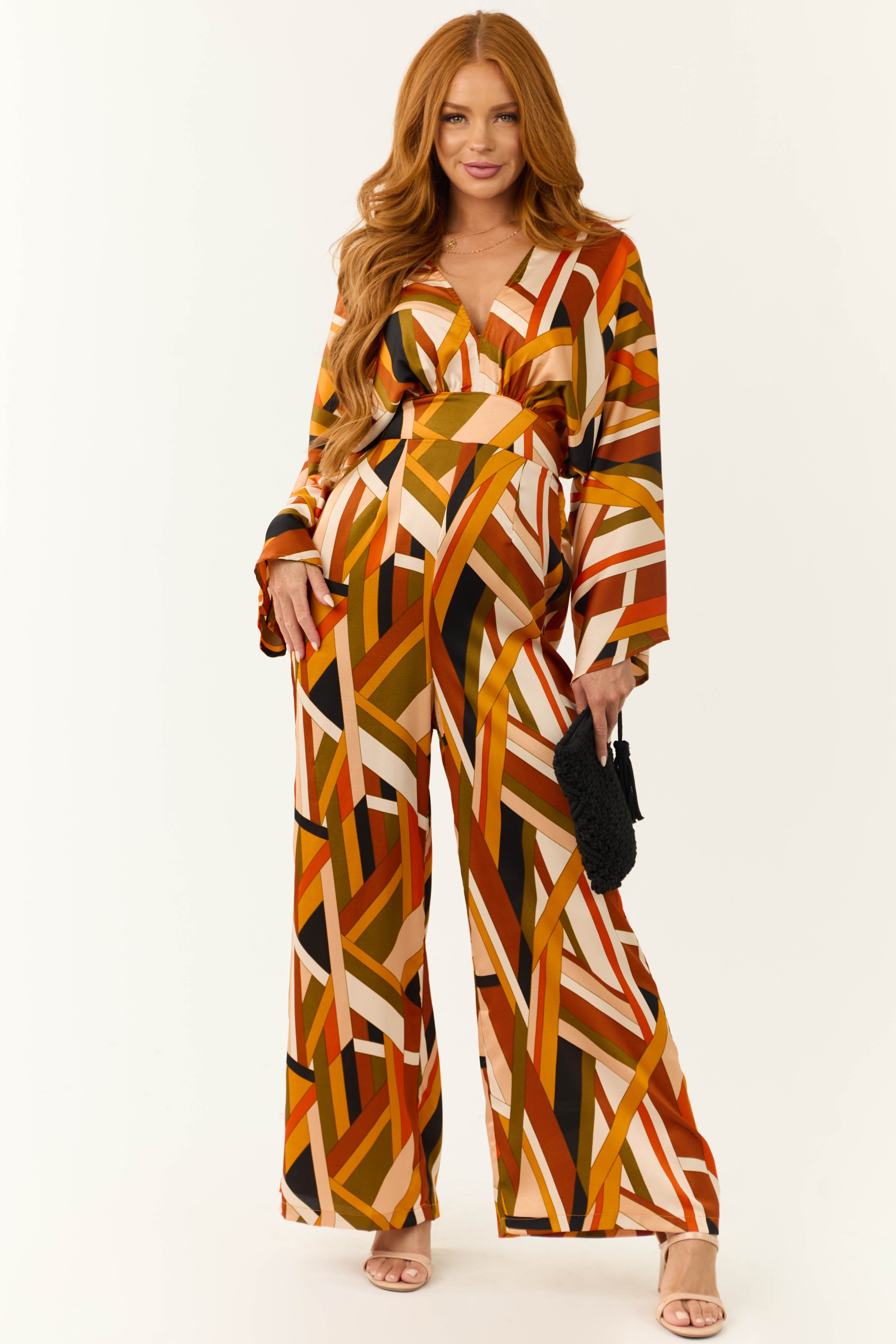 Sunset Geometric Stripe Print Waist Tie Jumpsuit