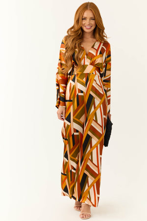 Sunset Geometric Stripe Print Waist Tie Jumpsuit