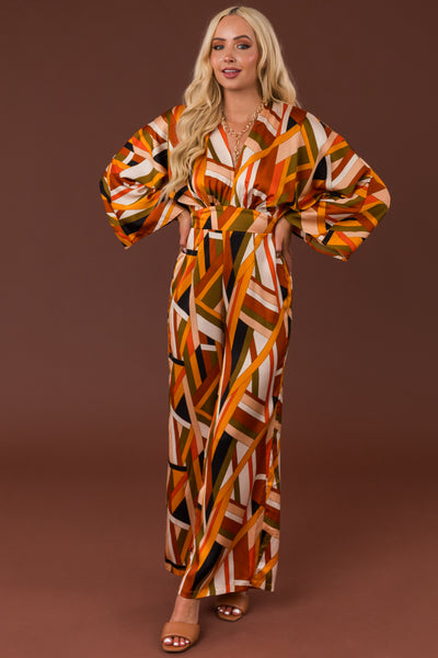 burnt orange geo print satin maxi dress