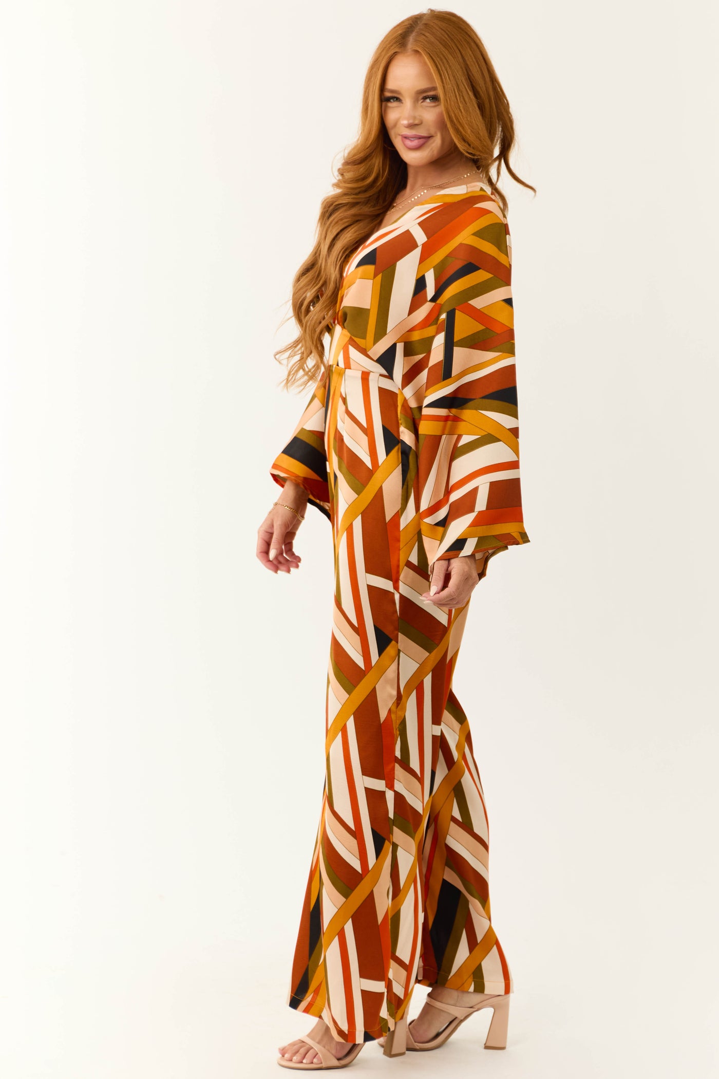 Sunset Geometric Stripe Print Waist Tie Jumpsuit