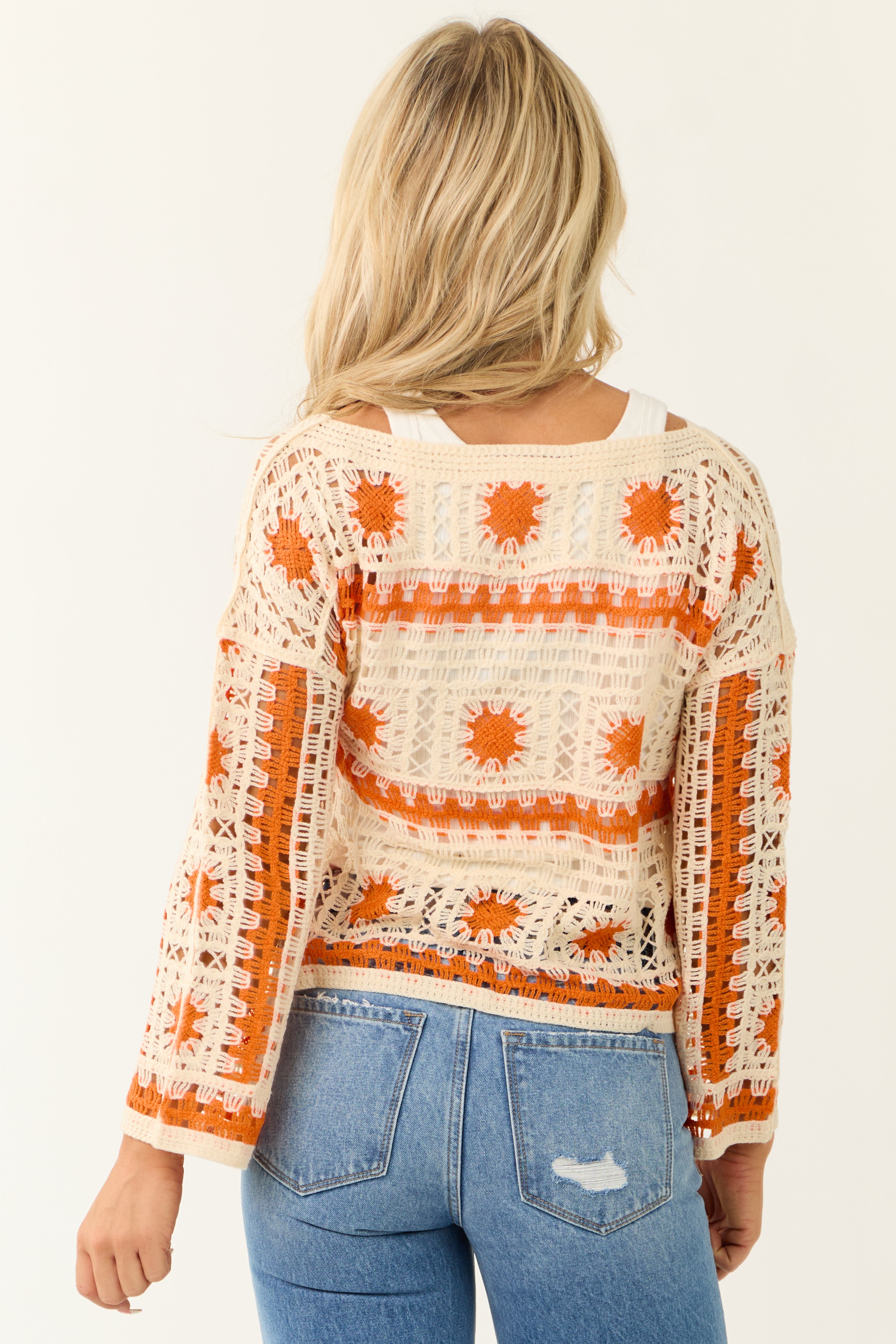 Sunset and Cream Abstract Pattern Open Crochet Top