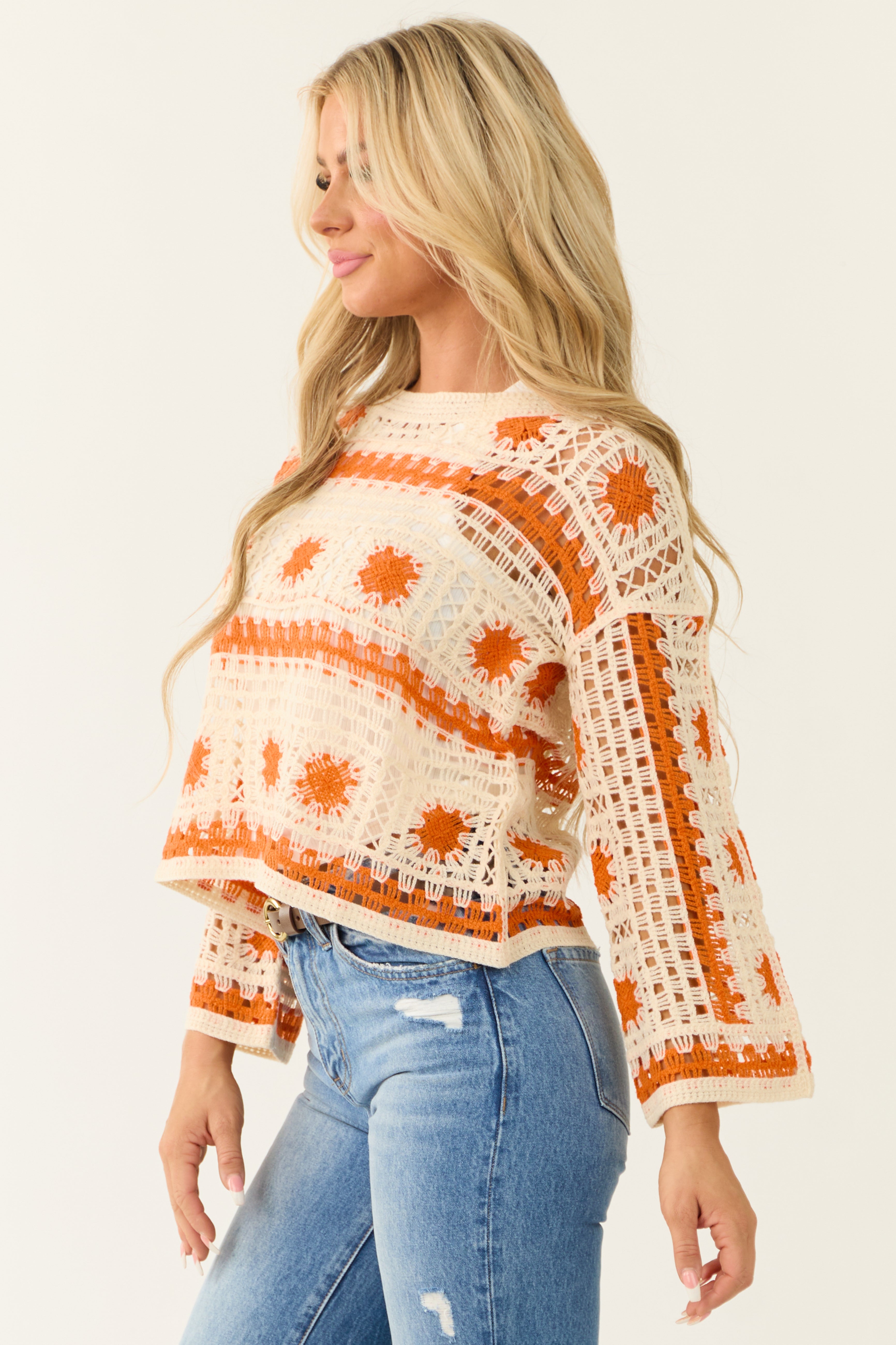 Sunset and Cream Abstract Pattern Open Crochet Top