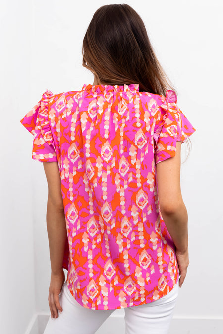 Sunset and Iris Printed Ruffle Sleeve Blouse