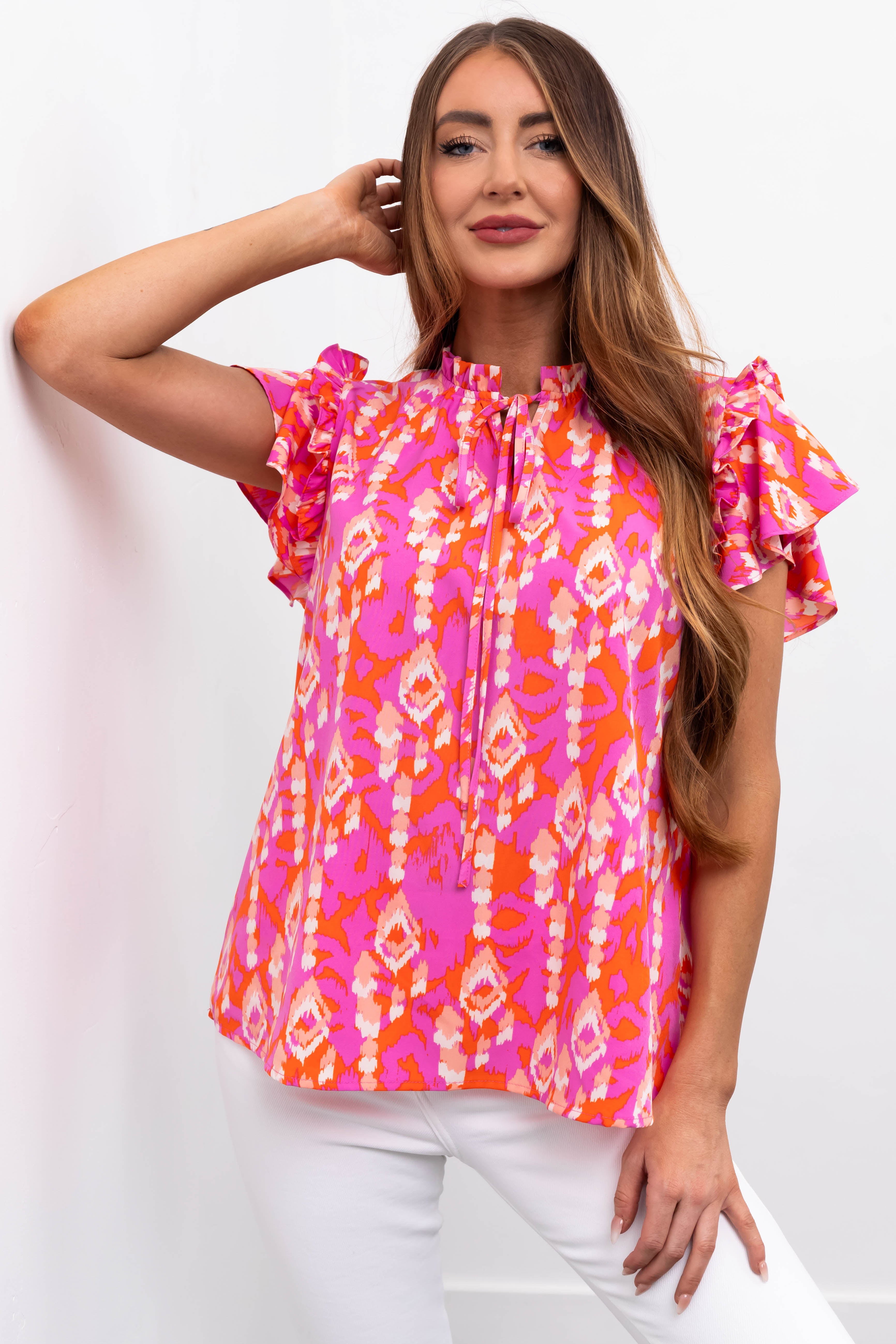 Sunset and Iris Printed Ruffle Sleeve Blouse