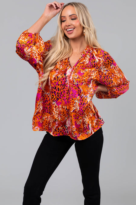 Tangerine Abstract Animal Print 3/4 Sleeve Top