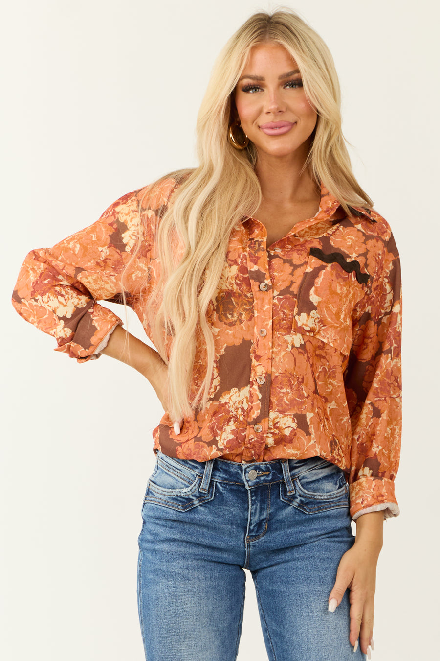 Tangerine Embroidery Trim Floral Pocket Blouse