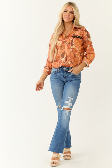 Tangerine Embroidery Trim Floral Pocket Blouse