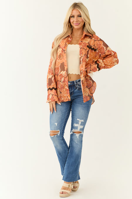 Tangerine Embroidery Trim Floral Pocket Blouse