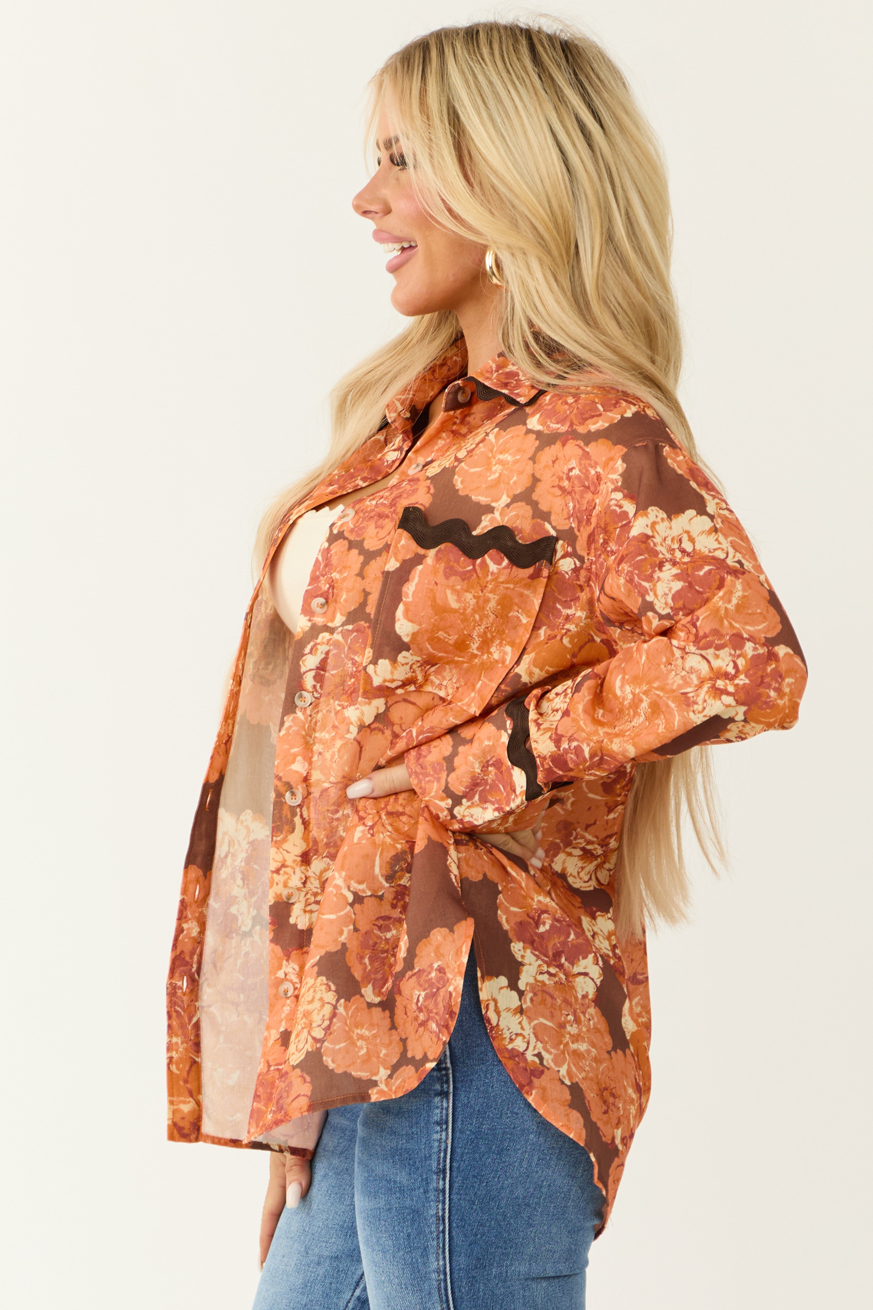 Tangerine Embroidery Trim Floral Pocket Blouse